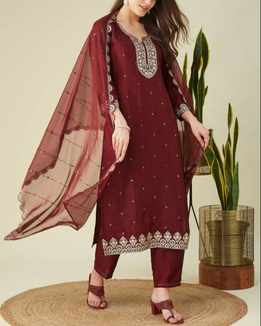 Women Muslin Kurta Pant Dupatta Set-KYAMSTORE