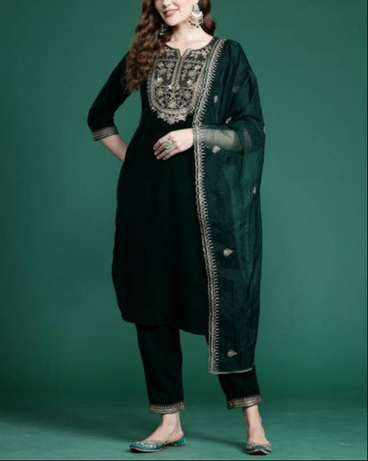 Women Velvet Kurta Pant Dupatta Set-KYAMSTORE