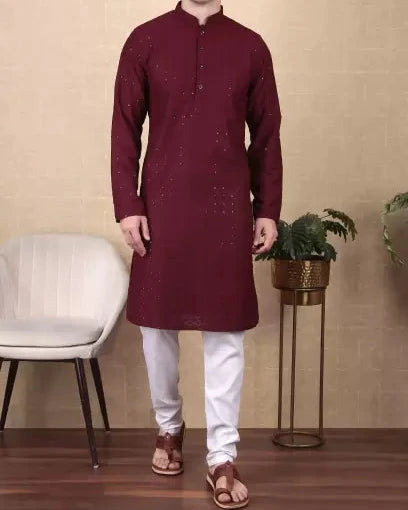 Men Paisley, Embroidered Cotton Blend Straight Kurta-KYAMSTORE