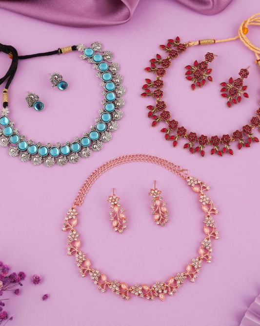 Brass Gold-plated Gold, Blue, Pink Jewel Set (3 Set)-KYAMSTORE