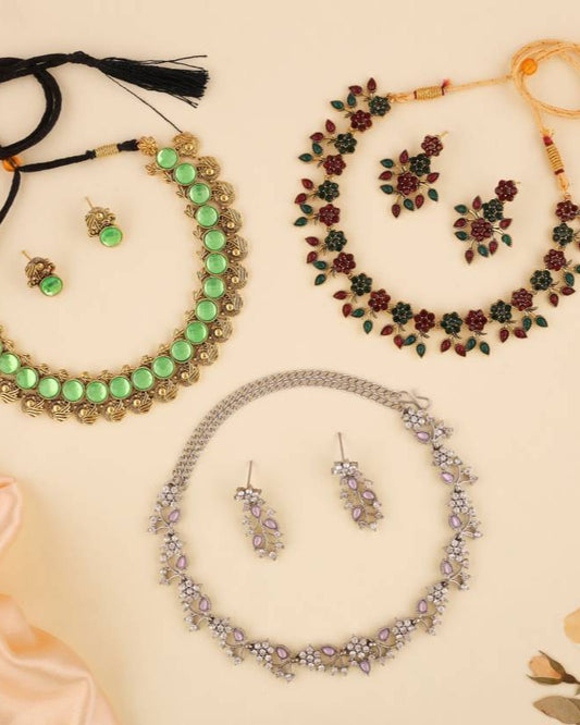 Brass Gold-plated Green, Pink, Red Jewel Set (3 Set)-KYAMSTORE