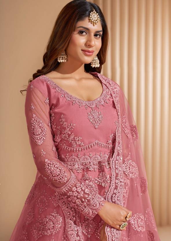 Embroidered Net Semi Stitched Flared/A-line Gown