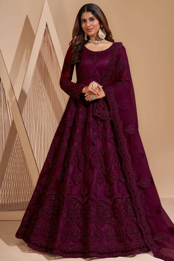 Embroidered Net Semi Stitched Flared/A-line Gown