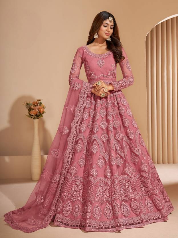 Embroidered Net Semi Stitched Flared/A-line Gown
