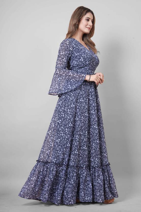 Floral Print Georgette Stitched Flared / A-line Gown-KYAMSTORE