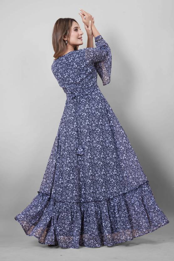 Floral Print Georgette Stitched Flared / A-line Gown-KYAMSTORE