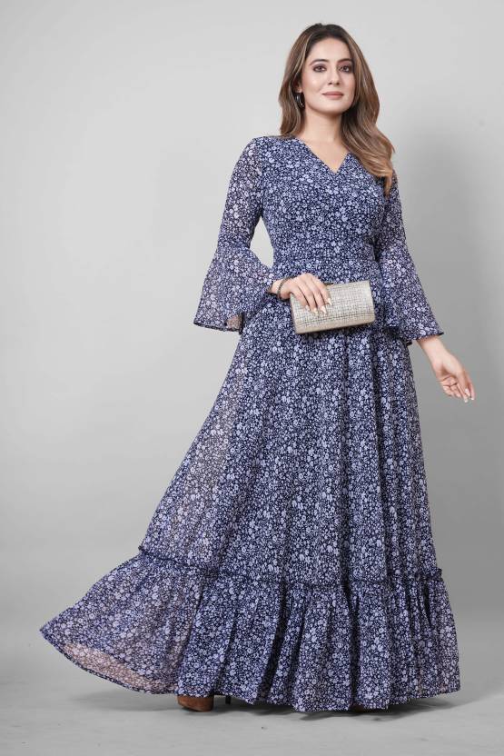 Floral Print Georgette Stitched Flared / A-line Gown-KYAMSTORE