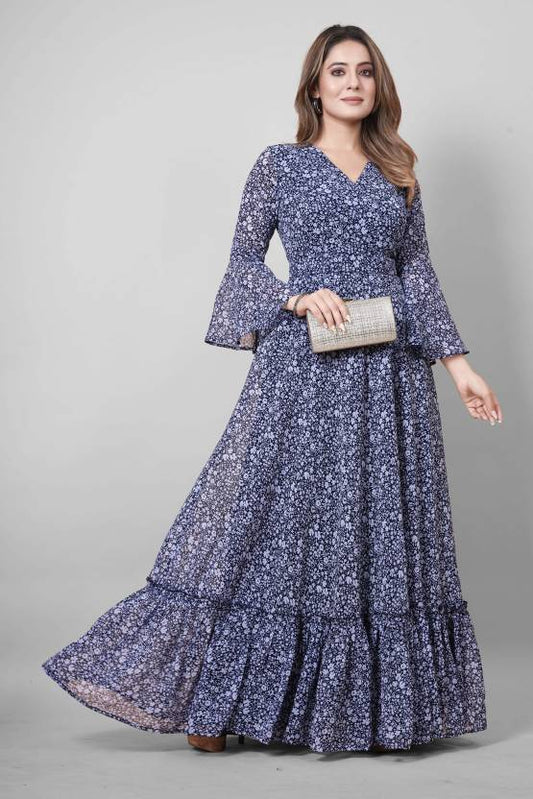 Floral Print Georgette Stitched Flared / A-line Gown-KYAMSTORE