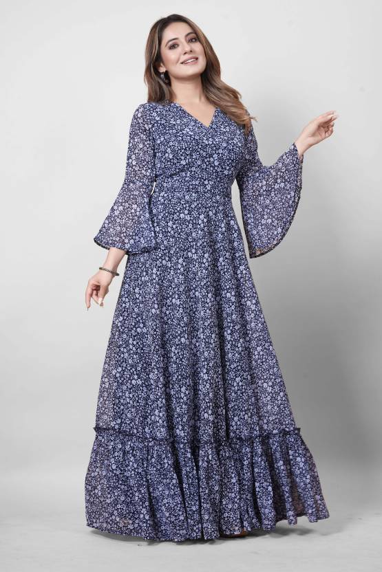 Floral Print Georgette Stitched Flared / A-line Gown-KYAMSTORE
