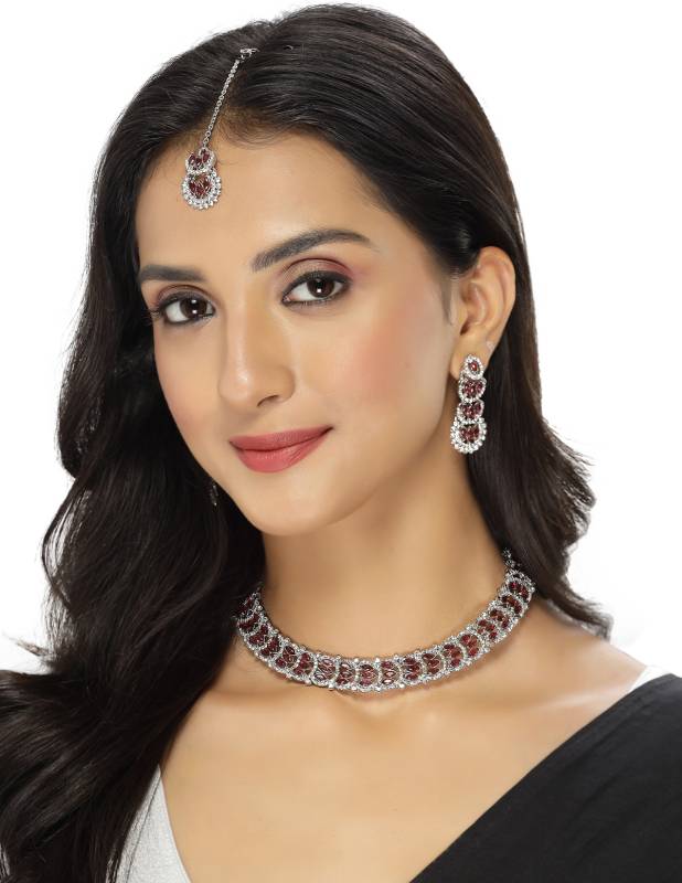 Alloy Rhodium Maroon Jewel Set  (Pack of 4)-KYAMSTORE