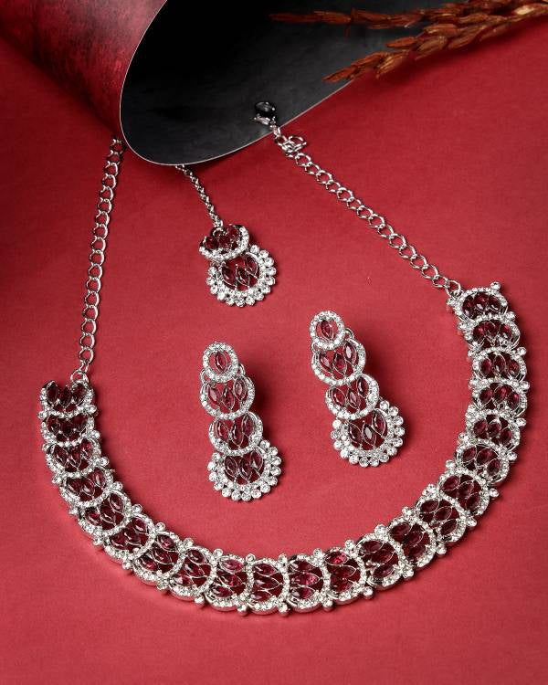 Alloy Rhodium Maroon Jewel Set  (Pack of 4)-KYAMSTORE