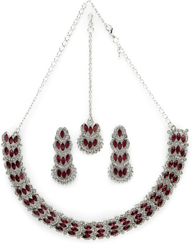 Alloy Rhodium Maroon Jewel Set  (Pack of 4)-KYAMSTORE