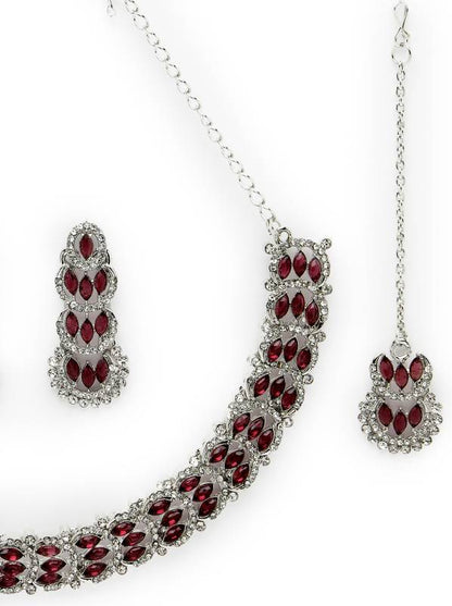 Alloy Rhodium Maroon Jewel Set  (Pack of 4)-KYAMSTORE