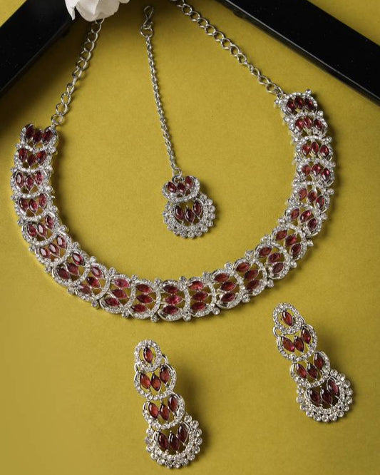Alloy Rhodium Maroon Jewel Set  (Pack of 4)-KYAMSTORE