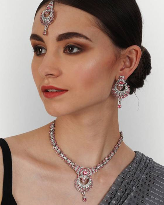 Alloy Rhodium Silver, Pink Jewel Set  (Pack of 1)-KYAMSTORE
