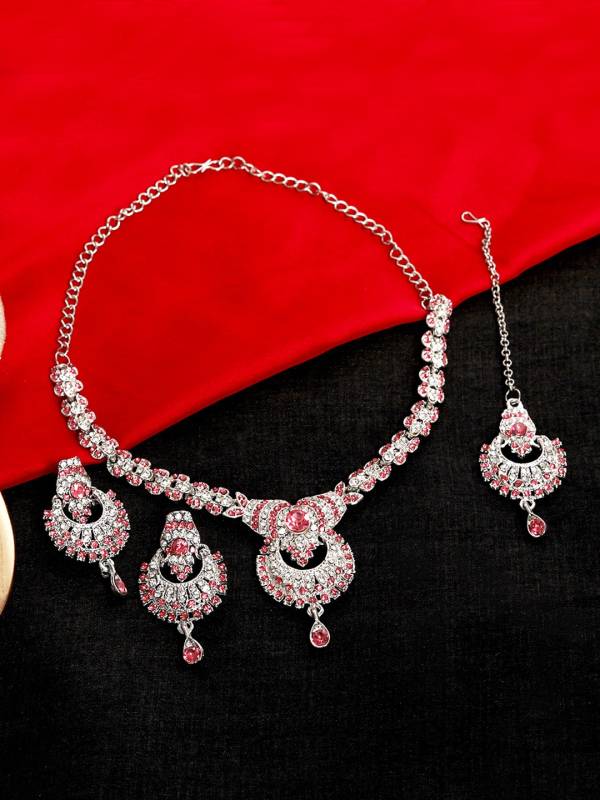 Alloy Rhodium Silver, Pink Jewel Set  (Pack of 1)-KYAMSTORE