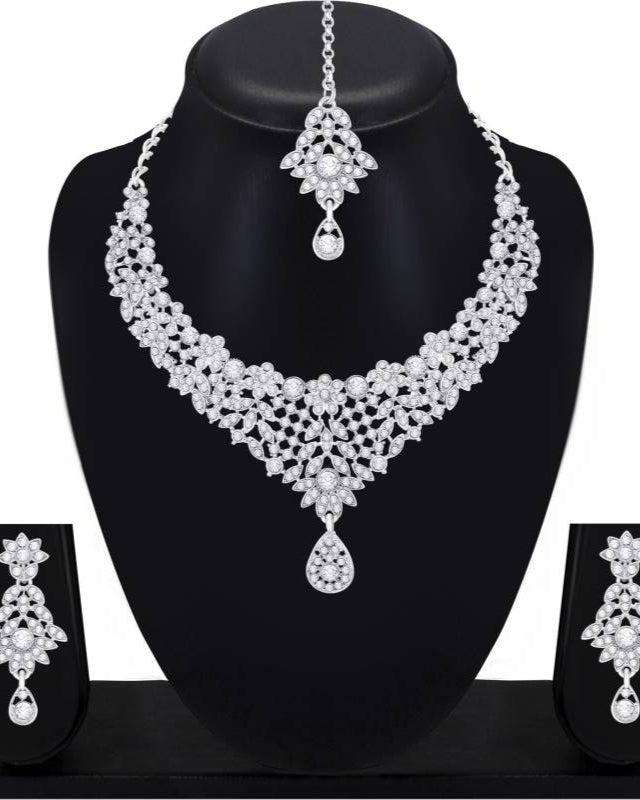 Alloy Rhodium Silver, White Jewel Set  (Pack of 1)-KYAMSTORE