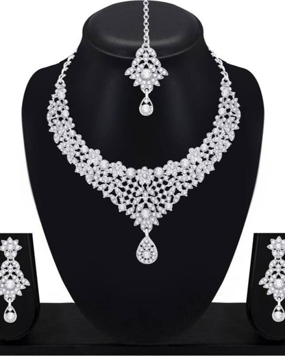 Alloy Rhodium Silver, White Jewel Set  (Pack of 1)-KYAMSTORE