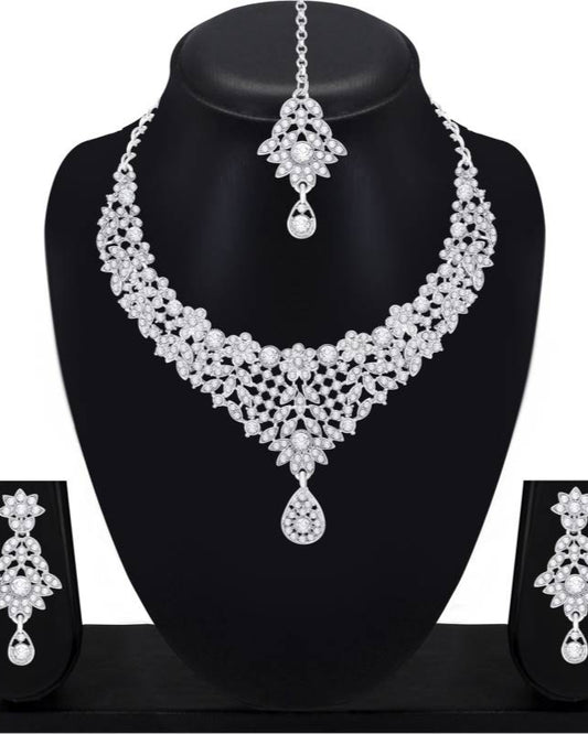 Alloy Rhodium Silver, White Jewel Set  (Pack of 1)-KYAMSTORE