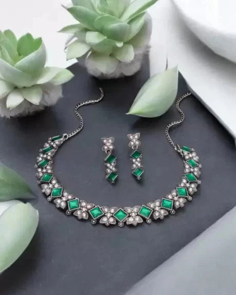 Oxidised Silver Rhodium Green Jewel Set-KYAMSTORE