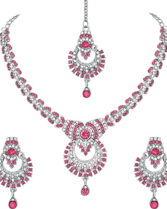 Alloy Rhodium Silver, Pink Jewel Set  (Pack of 1)-KYAMSTORE