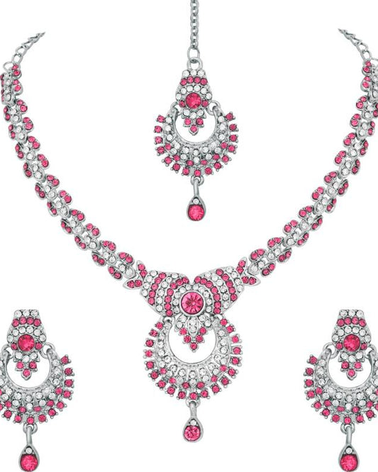 Alloy Rhodium Silver, Pink Jewel Set  (Pack of 1)-KYAMSTORE