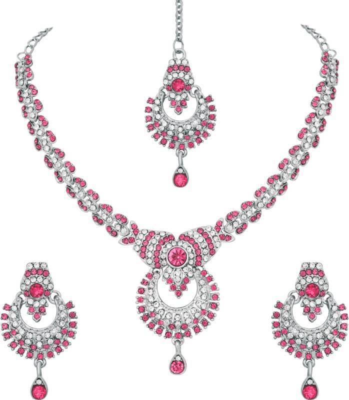 Alloy Rhodium Silver, Pink Jewel Set  (Pack of 1)-KYAMSTORE