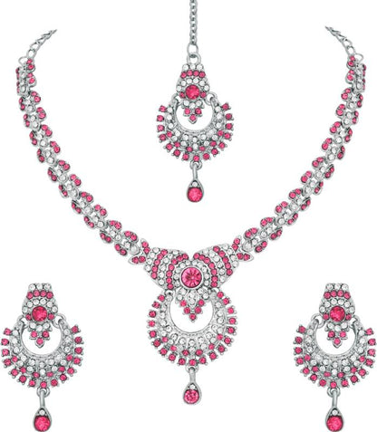 Alloy Rhodium Silver, Pink Jewel Set  (Pack of 1)-KYAMSTORE