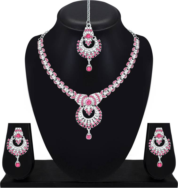Alloy Rhodium Silver, Pink Jewel Set  (Pack of 1)-KYAMSTORE
