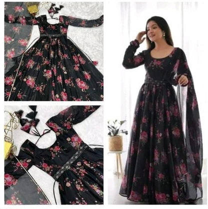Floral Print Georgette Stitched Anarkali Gown (Black)-KYAMSTORE