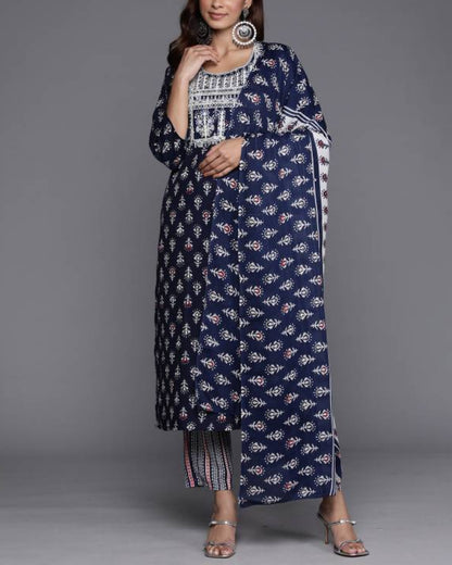 Women Cotton Blend Kurta Pant Dupatta Set-KYAMSTORE