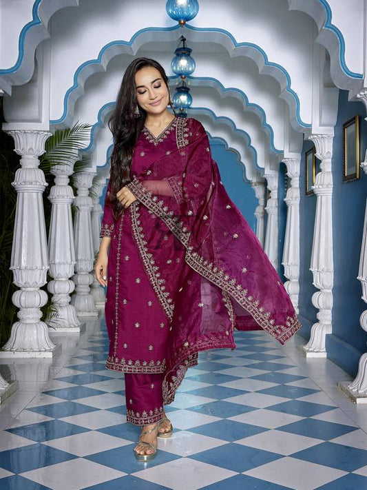 Women Chanderi Kurta Palazzo Dupatta Set