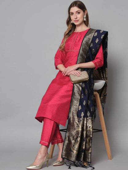 Women Cotton Silk Kurta Pant Dupatta Set