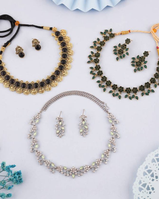 Brass Gold-plated Gold, Black, Silver, Green Jewel Set (3 Set)-KYAMSTORE