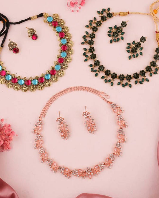 Brass Gold-plated Gold, Blue, Pink Jewel Set (3 Set)-KYAMSTORE