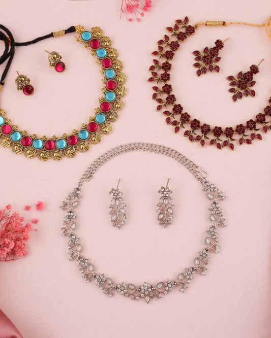 Brass Gold-plated Gold, Blue, Pink, Silver Jewel Set (3 Set)-KYAMSTORE