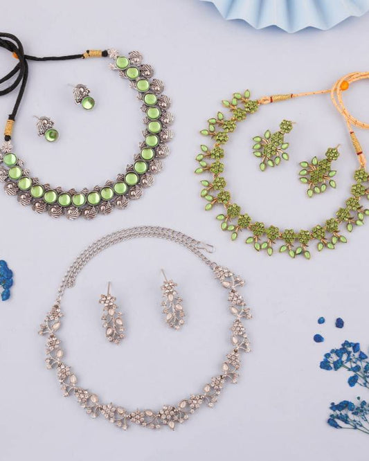Brass Gold-plated Gold, Silver, Green, White Jewel Set (3 Set)-KYAMSTORE