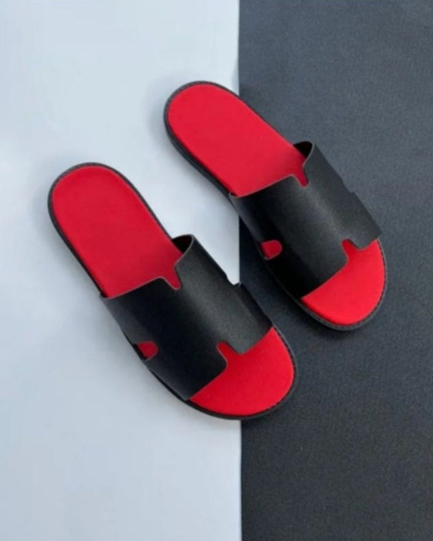 Men's Casual Comfortable Lightweight Fashion Genuine Leather Slippers | Maroon & Black-KYAMSTORE