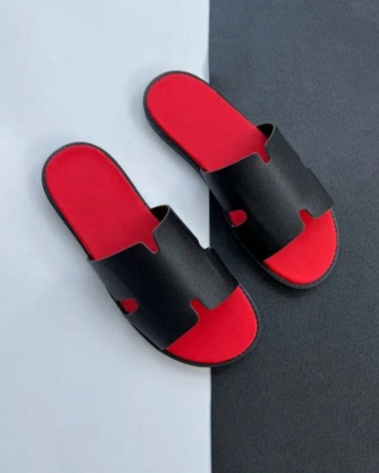 Men's Casual Comfortable Lightweight Fashion Genuine Leather Slippers | Maroon & Black-KYAMSTORE