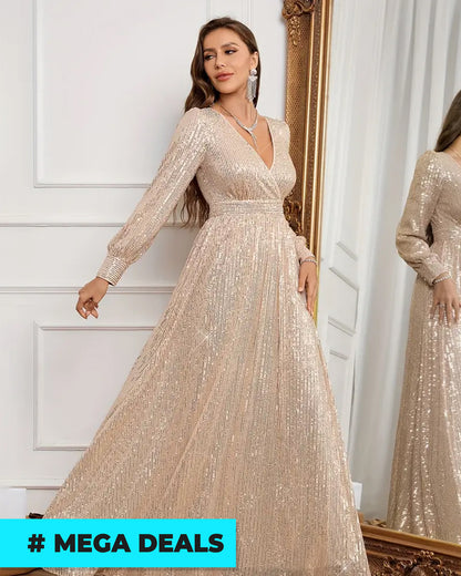 Emerald Green Sequin V-Neck Long Sleeve A-Line Dress | Delivery: 7 to 10 business days | Limited stocks available