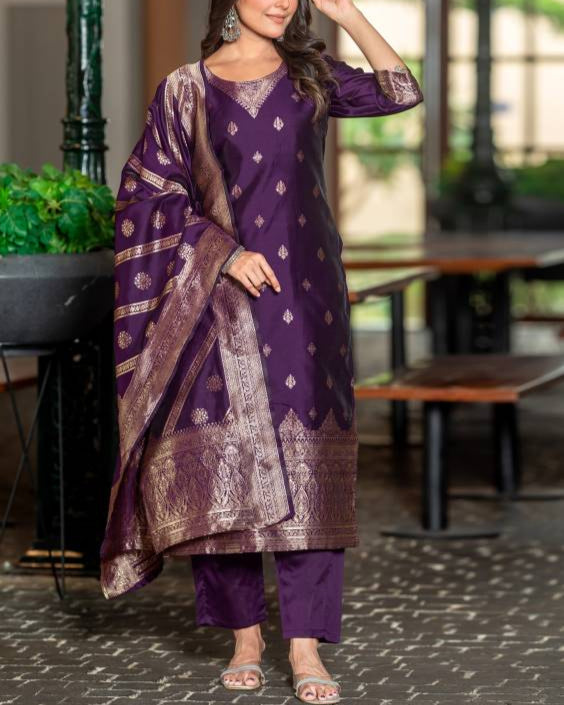Women Silk Blend, Jacquard Kurta Pant Dupatta Set-KYAMSTORE