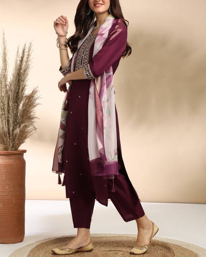 Women Silk Blend Kurta Pant Dupatta Set-KYAMSTORE