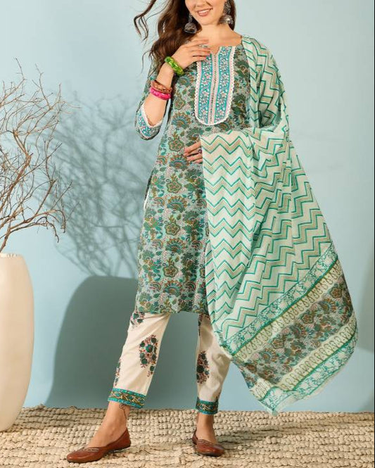 Women Pure Cotton Kurta Pant Dupatta Set-KYAMSTORE