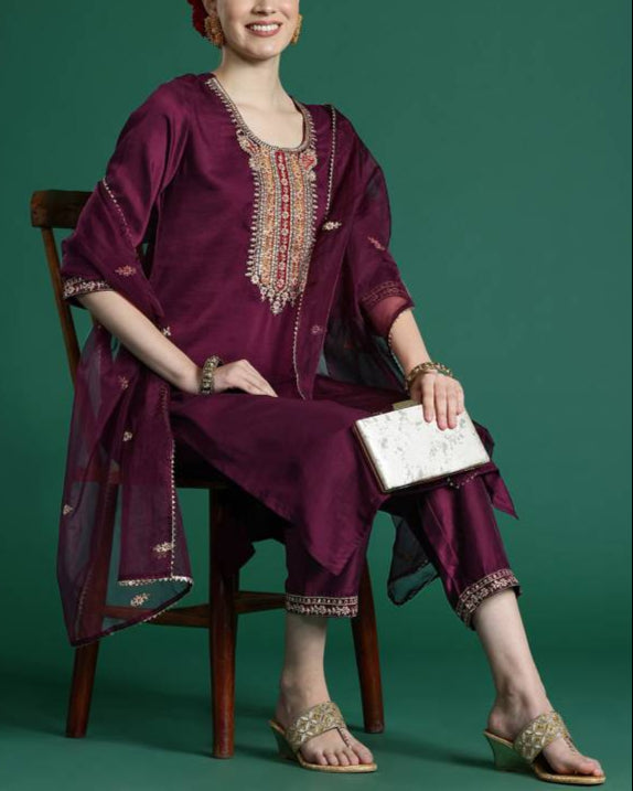 Women Silk Blend Kurta Pant Dupatta Set-KYAMSTORE