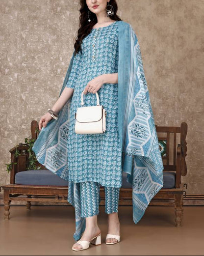 Women Cotton Blend Kurta Pant Dupatta Set-KYAMSTORE