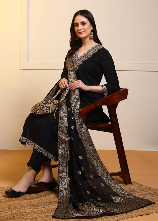 Women Pure Silk Kurti Pant Dupatta Set