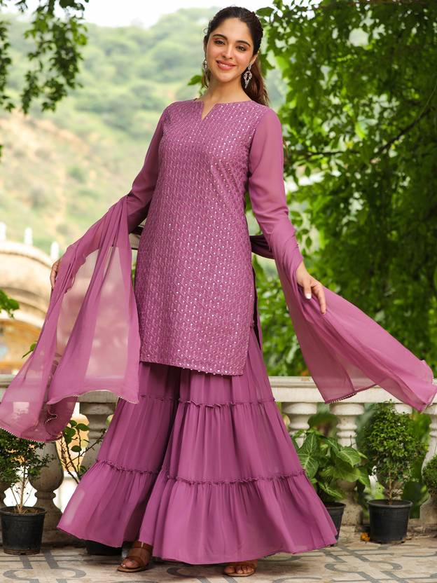 Women Georgette Kurta Sharara Dupatta Set | Delivery: 10 to 12 business days | Limited stocks available