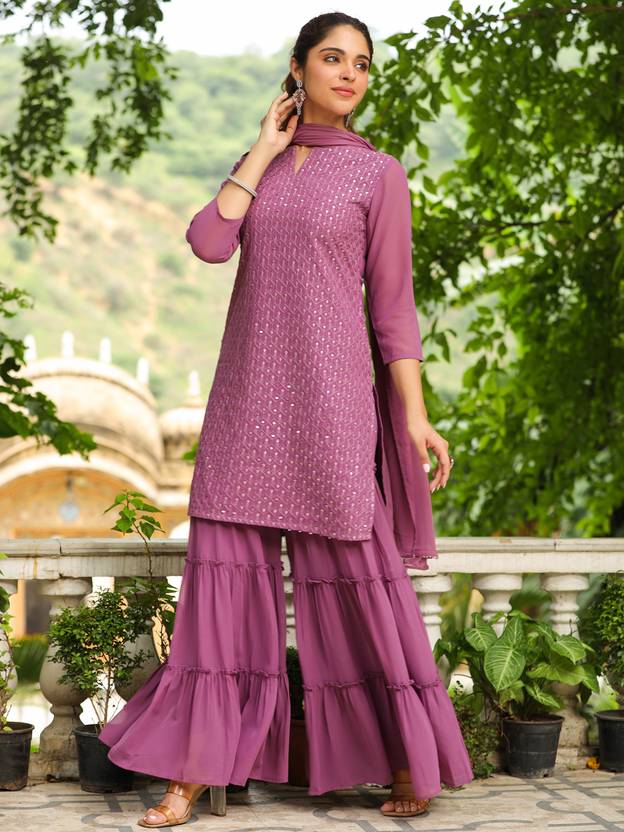 Women Georgette Kurta Sharara Dupatta Set | Delivery: 10 to 12 business days | Limited stocks available