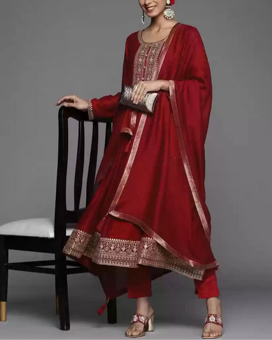Women Maroon Floral Embroidered Sequinned Kurta with Trousers & Dupatta-KYAMSTORE