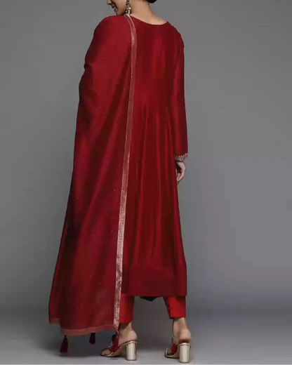 Women Maroon Floral Embroidered Sequinned Kurta with Trousers & Dupatta-KYAMSTORE